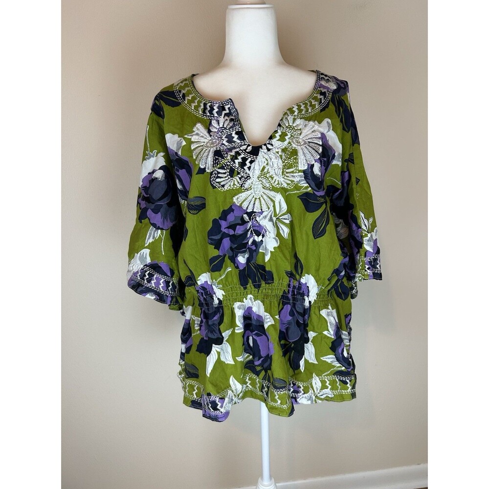 Anthropologie 22w 24w Tunic Top Embroidered Floral Batwing Sleeve Garden Party